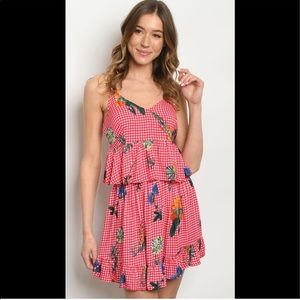 NWT Red Gingham Romper Floral Design S BTS
